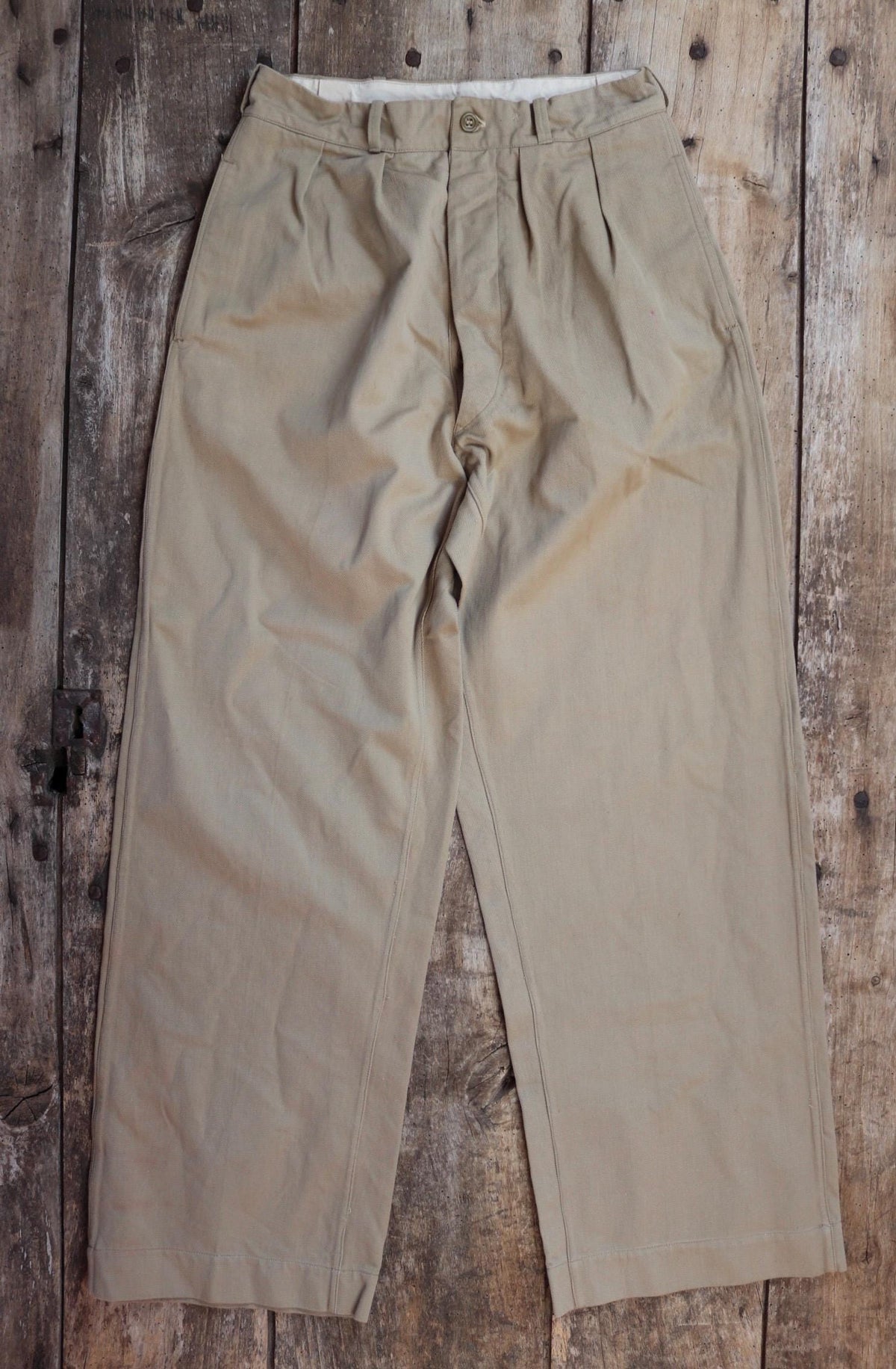 Vintage 1960s French army chinos - military trousers - pleated pants - 27" x 30"