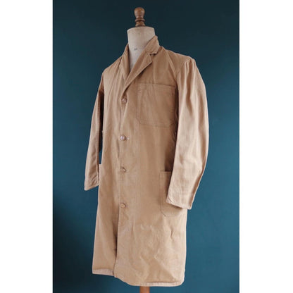 Vintage 1960s British workwear overalls - long brown cotton twill chore jacket - factory chore coat - 43” chest
