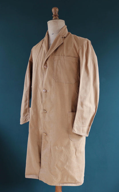 Vintage 1960s British workwear overalls - long brown cotton twill chore jacket - factory chore coat - 43” chest