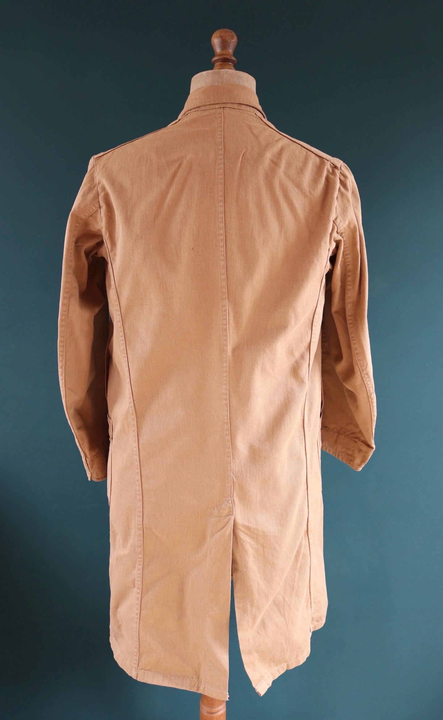 Vintage 1960s British workwear overalls - long brown cotton twill chore jacket - factory chore coat - 43” chest