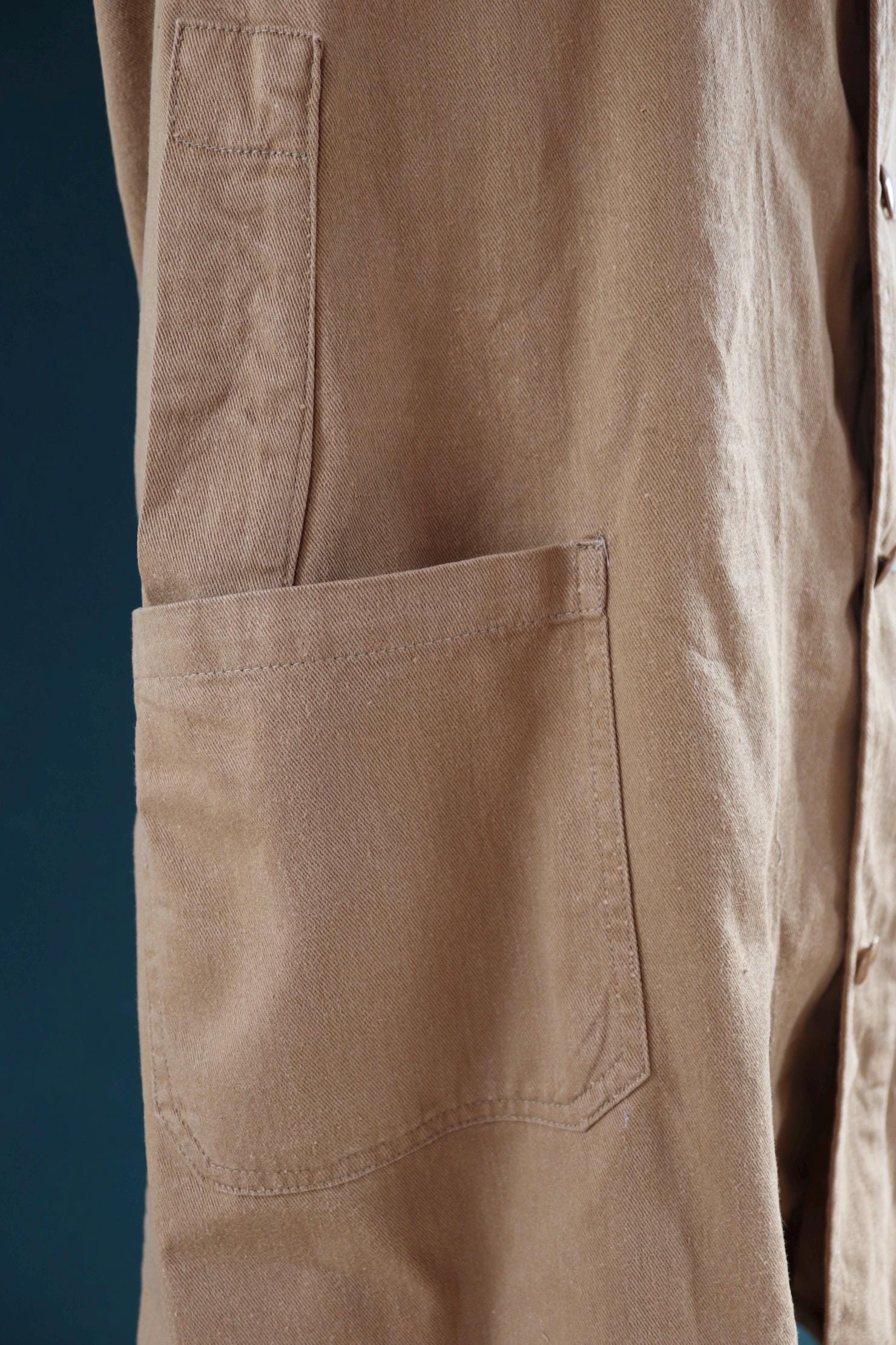 Vintage 1960s British workwear overalls - long brown cotton twill chore jacket - factory chore coat - 43” chest