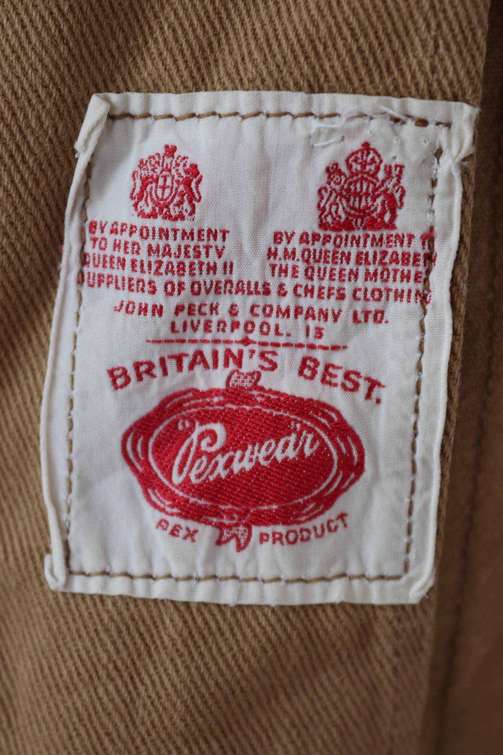 Vintage 1960s British workwear overalls - back belt - brown cotton twill chore jacket - factory chore coat - 46” chest