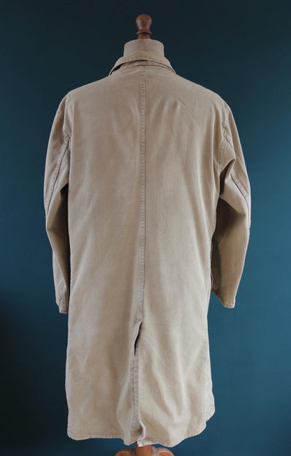 Vintage 1960s British workwear overalls - long brown cotton twill chore jacket - factory chore coat - 48” chest