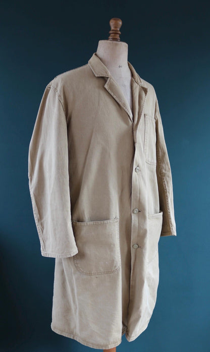 Vintage 1960s British workwear overalls - long brown cotton twill chore jacket - factory chore coat - 48” chest