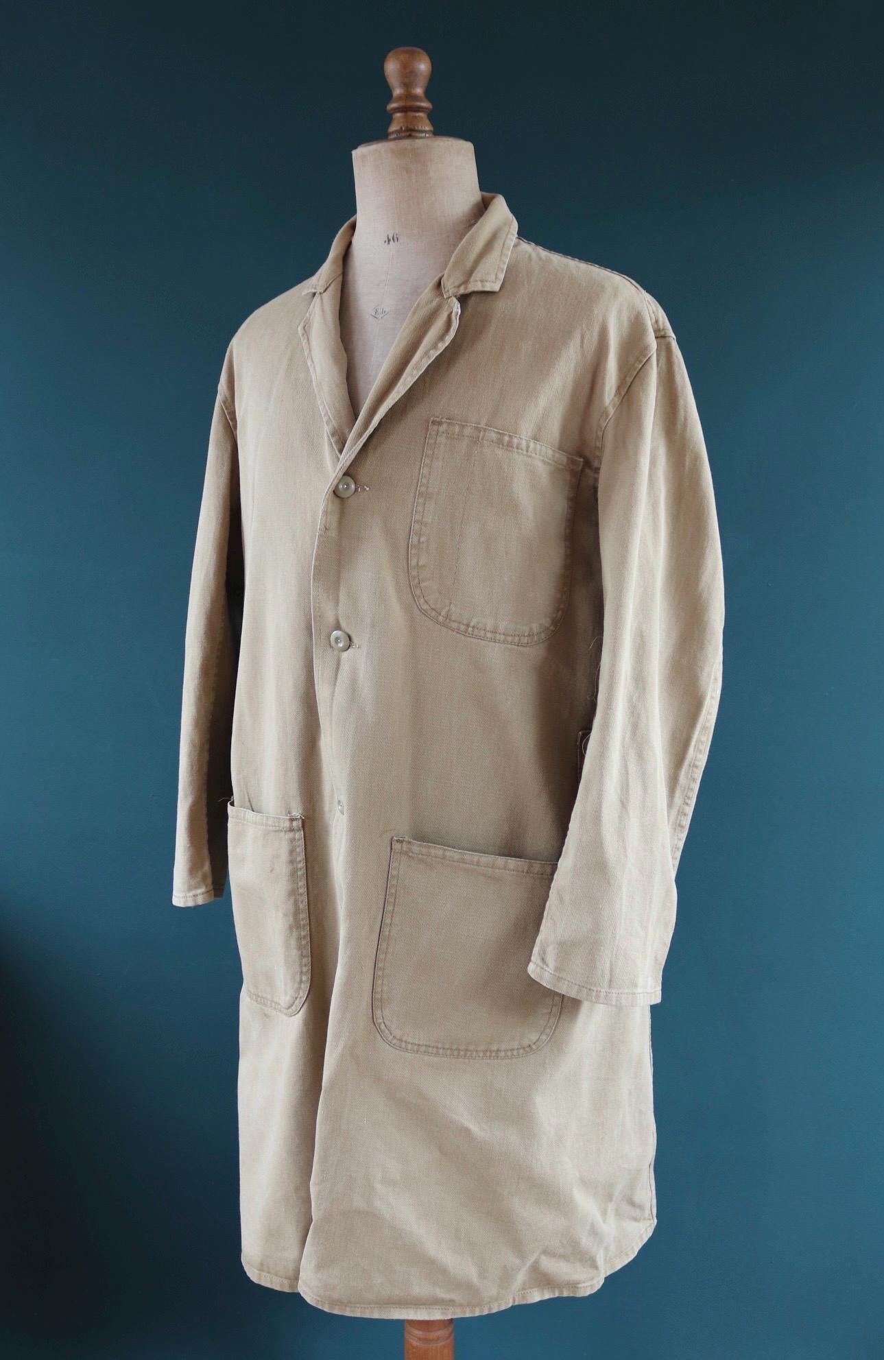 Vintage 1960s British workwear overalls - long brown cotton twill chore jacket - factory chore coat - 48” chest