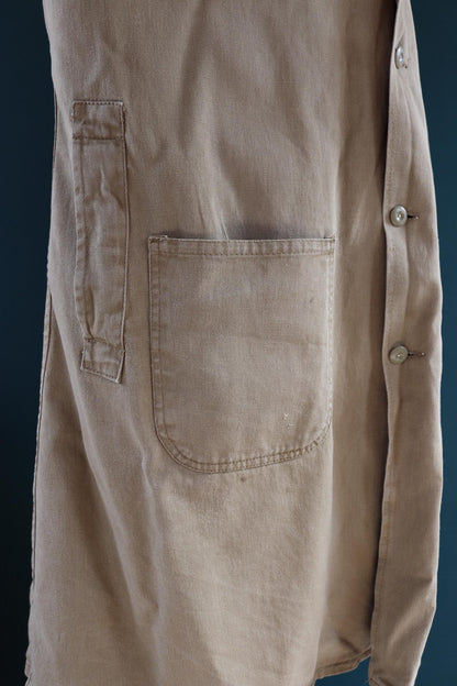 Vintage 1960s British workwear overalls - long brown cotton twill chore jacket - factory chore coat - 48” chest