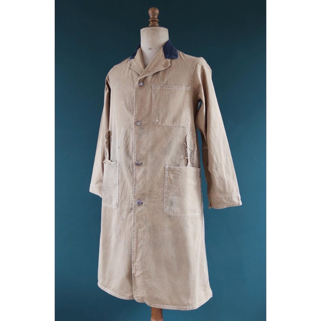 Vintage 1940s British workwear overalls - long brown cotton twill chore jacket - factory chore coat - 40” chest
