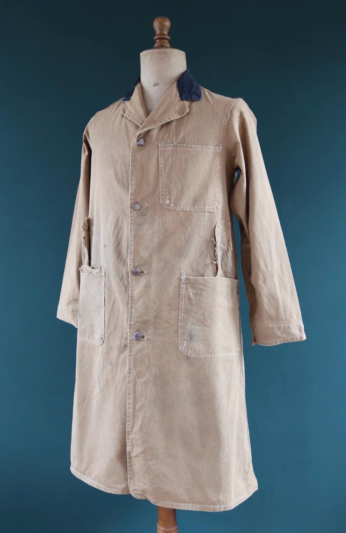 Vintage 1940s British workwear overalls - long brown cotton twill chore jacket - factory chore coat - 40” chest