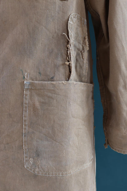 Vintage 1940s British workwear overalls - long brown cotton twill chore jacket - factory chore coat - 40” chest