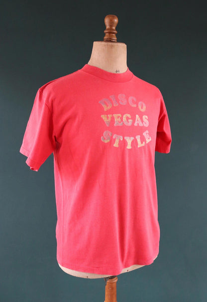 Vintage 1970s Ebony Club t shirt - Las Vegas disco club - faded red - glitter transfer - 42" chest