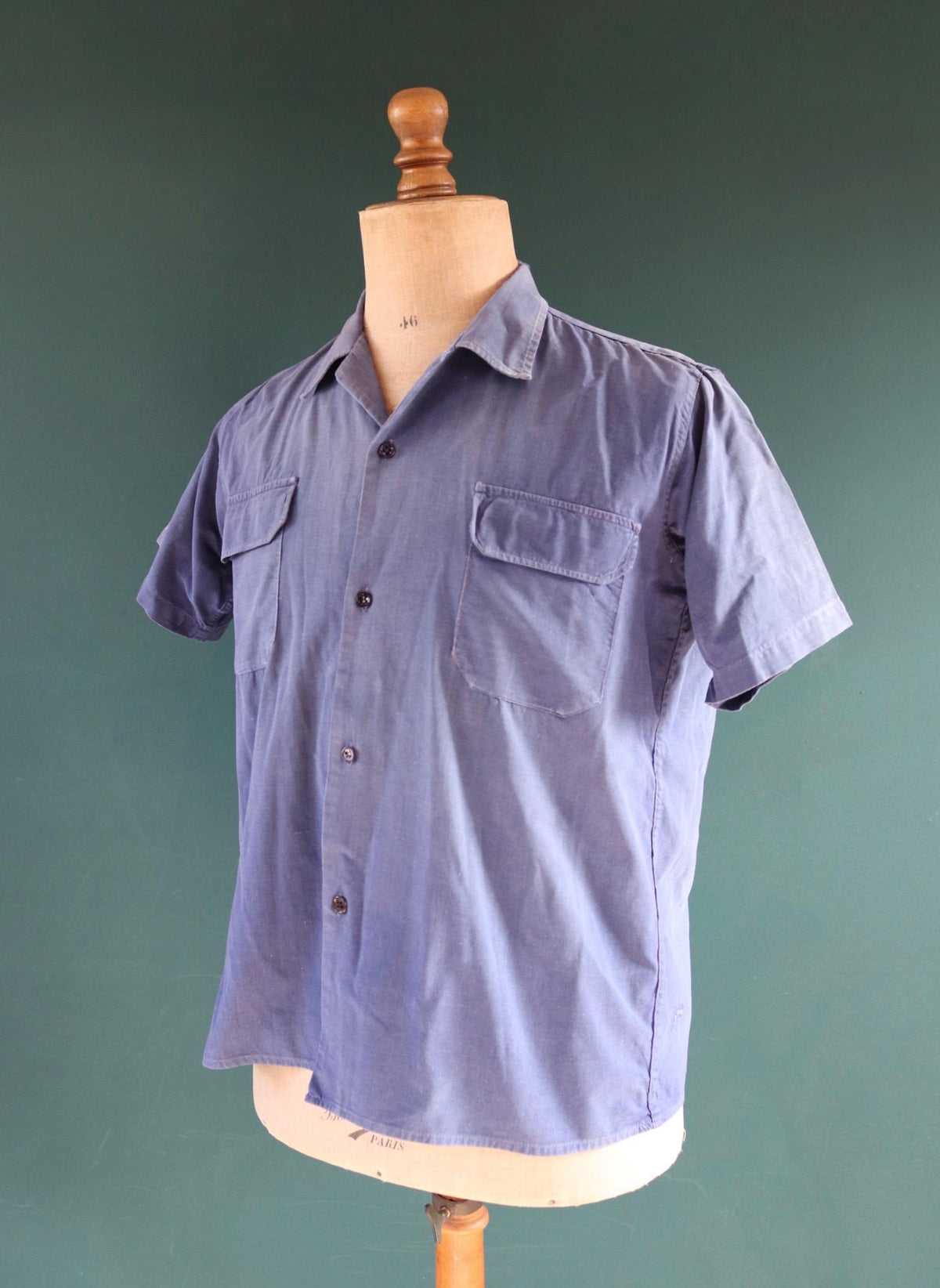 Vintage 1940s French workwear shirt - faded blue chambray cotton - darned and repaired - 42” chest