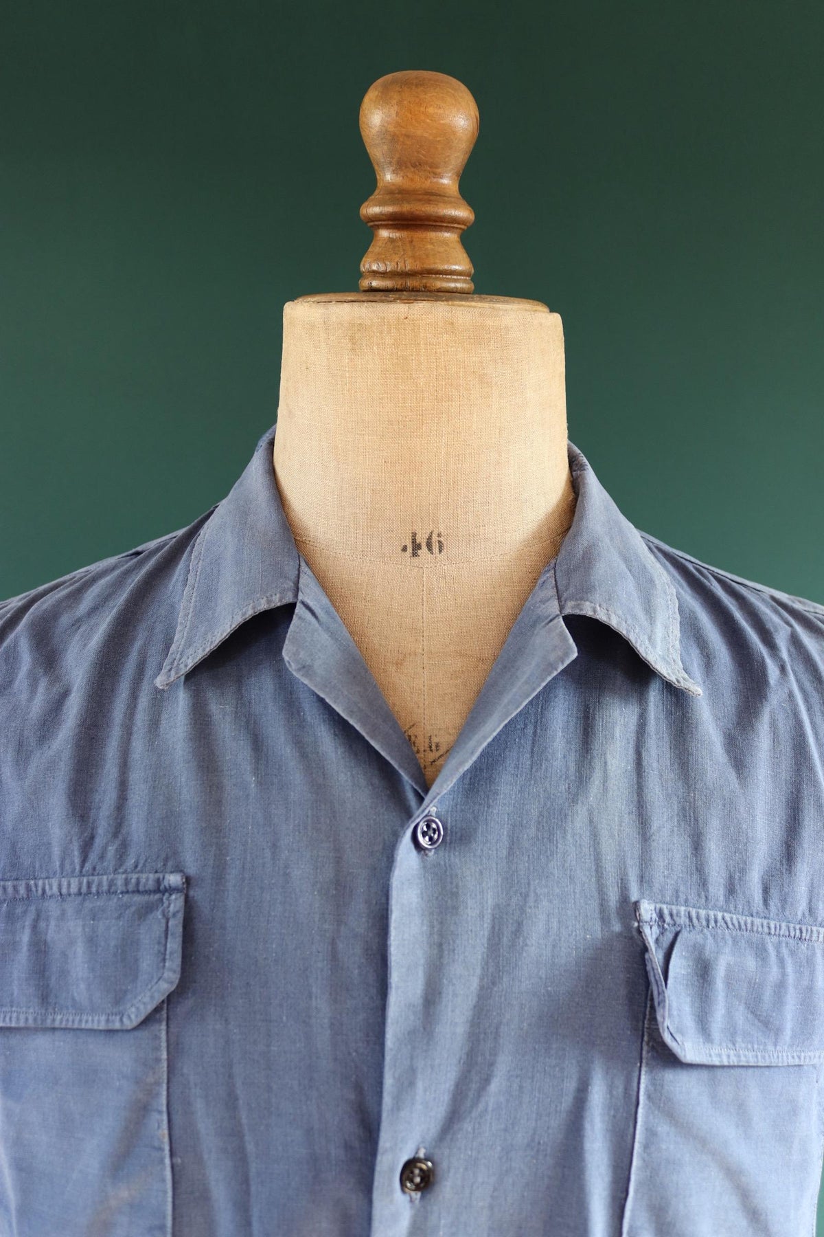Vintage 1940s French workwear shirt - faded blue chambray cotton - darned and repaired - 42” chest