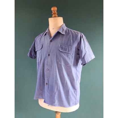 Vintage 1940s French workwear shirt - faded blue chambray cotton - darned and repaired - 42” chest