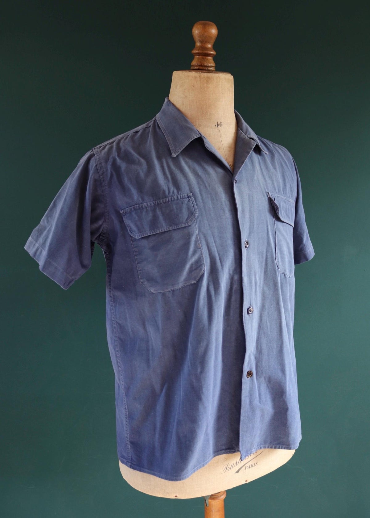 Vintage 1940s French workwear shirt - faded blue chambray cotton - darned and repaired - 42” chest