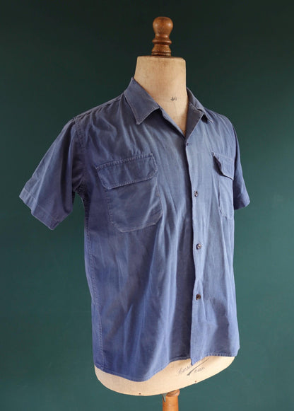 Vintage 1940s French workwear shirt - faded blue chambray cotton - darned and repaired - 42” chest