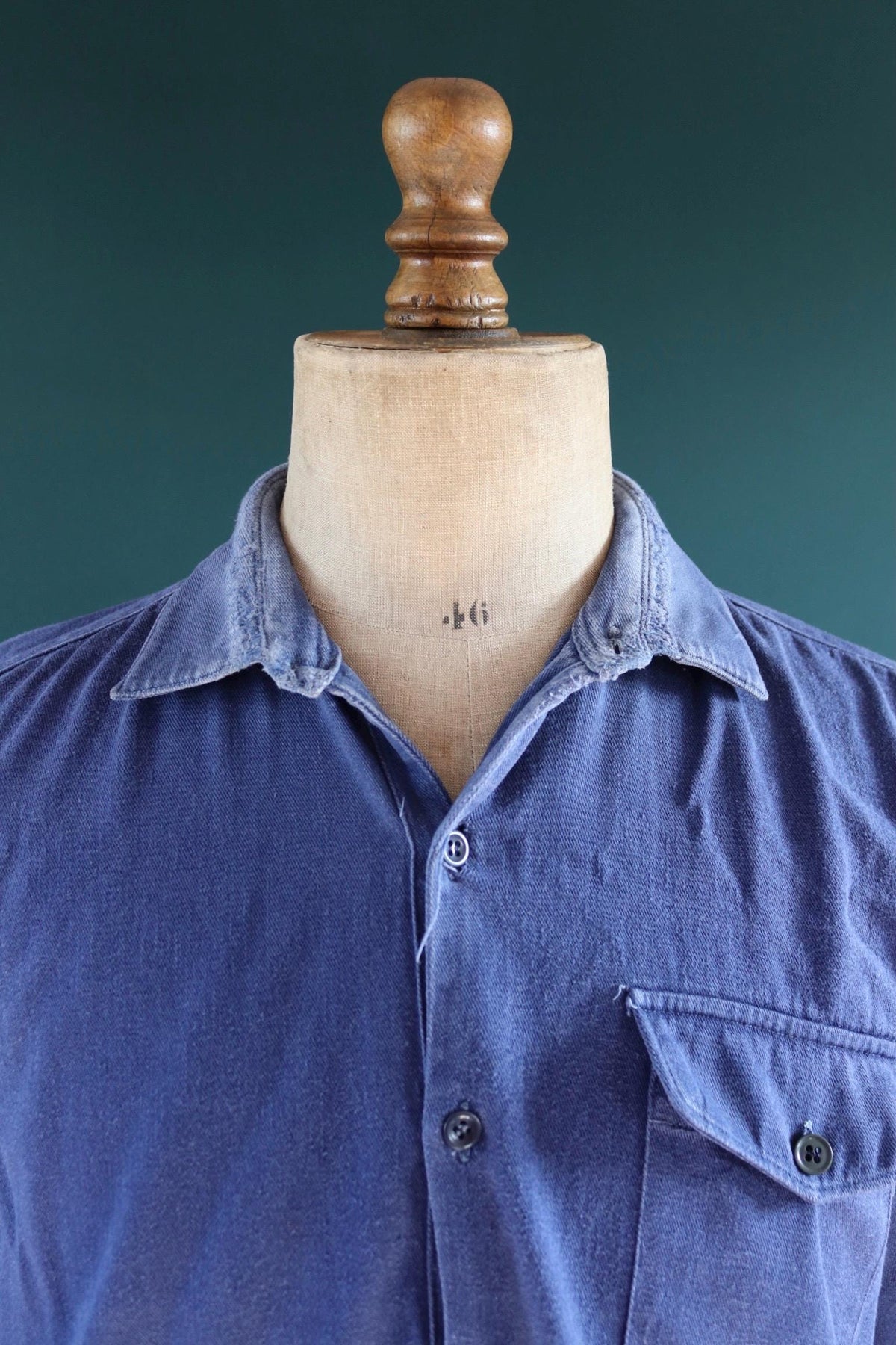 Vintage 1940s French workwear shirt - faded blue cotton - darned and repaired - 44” chest