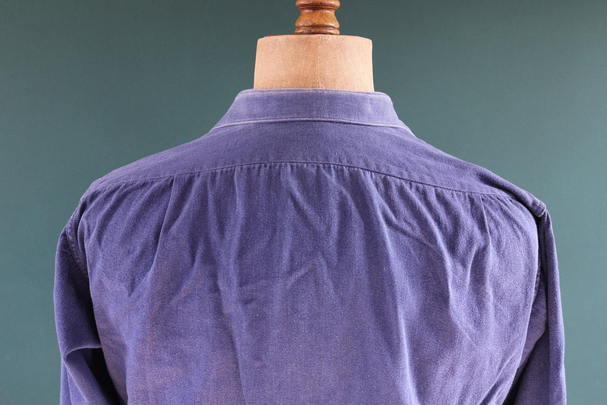 Vintage 1940s French workwear shirt - faded blue cotton - darned and repaired - 44” chest