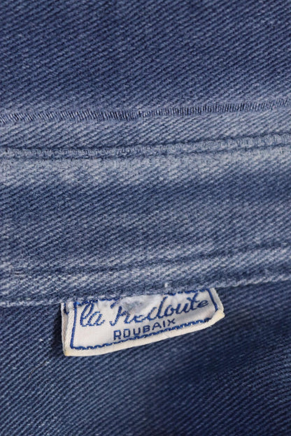 Vintage 1940s French workwear shirt - faded blue cotton - darned and repaired - 44” chest