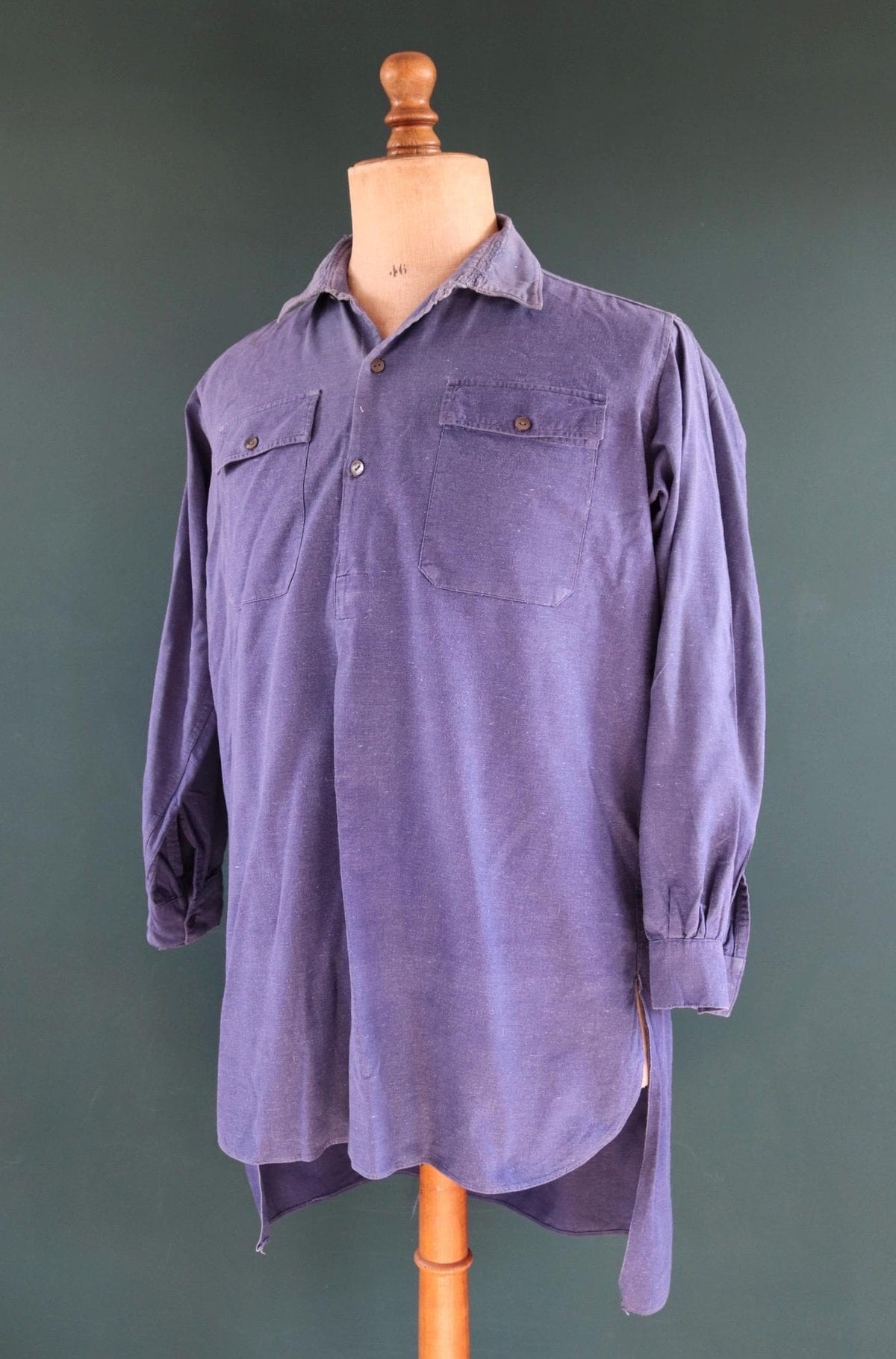 Vintage 1940s French workwear shirt - faded blue cotton - darned and repaired - 49” chest