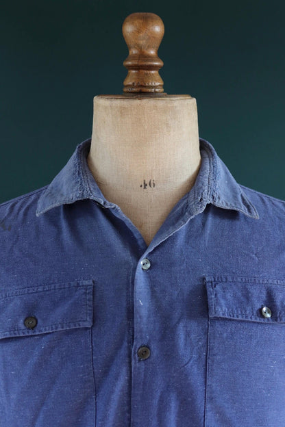 Vintage 1940s French workwear shirt - faded blue cotton - darned and repaired - 49” chest