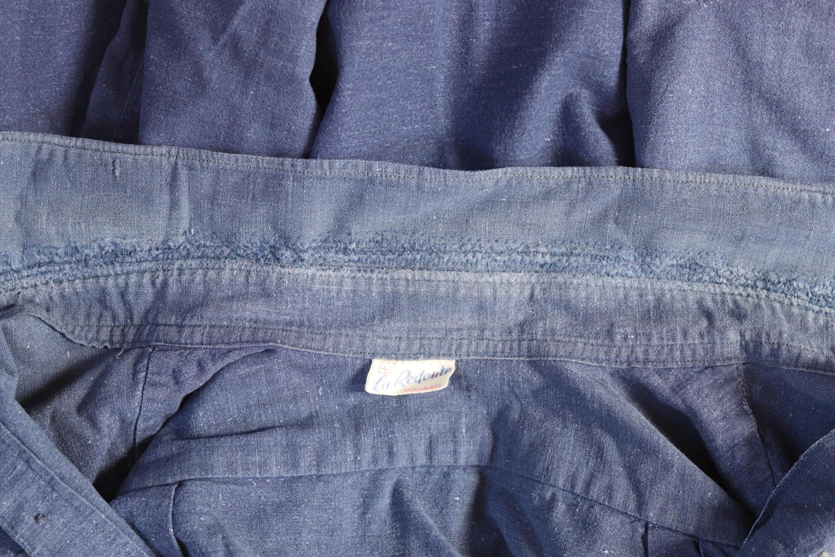 Vintage 1940s French workwear shirt - faded blue cotton - darned and repaired - 49” chest