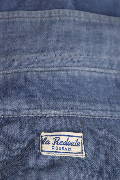 Vintage 1940s French workwear shirt - faded blue cotton - darned and repaired - 45” chest