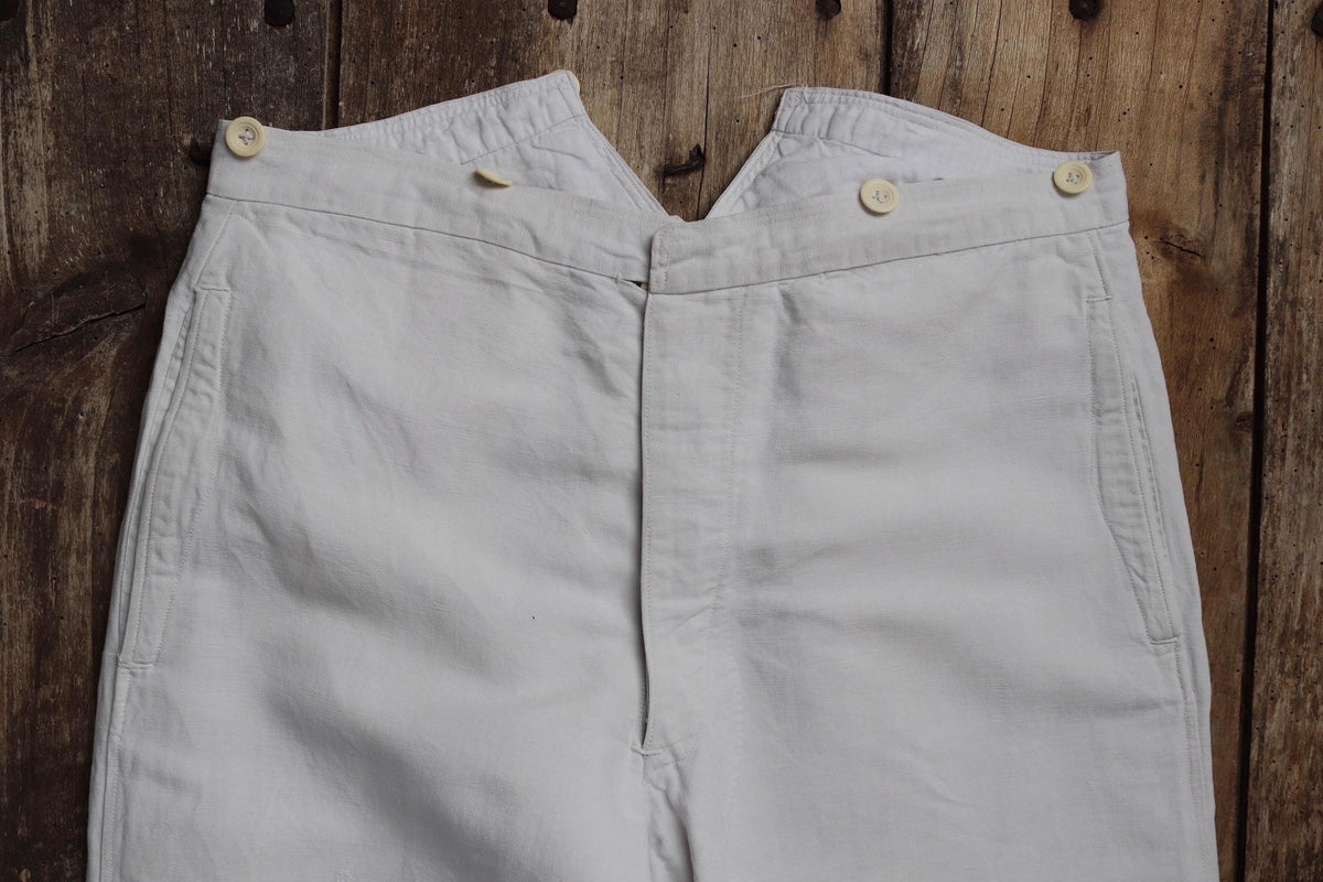 Vintage 1910s French white linen trousers - 32” x 29” - buckle back