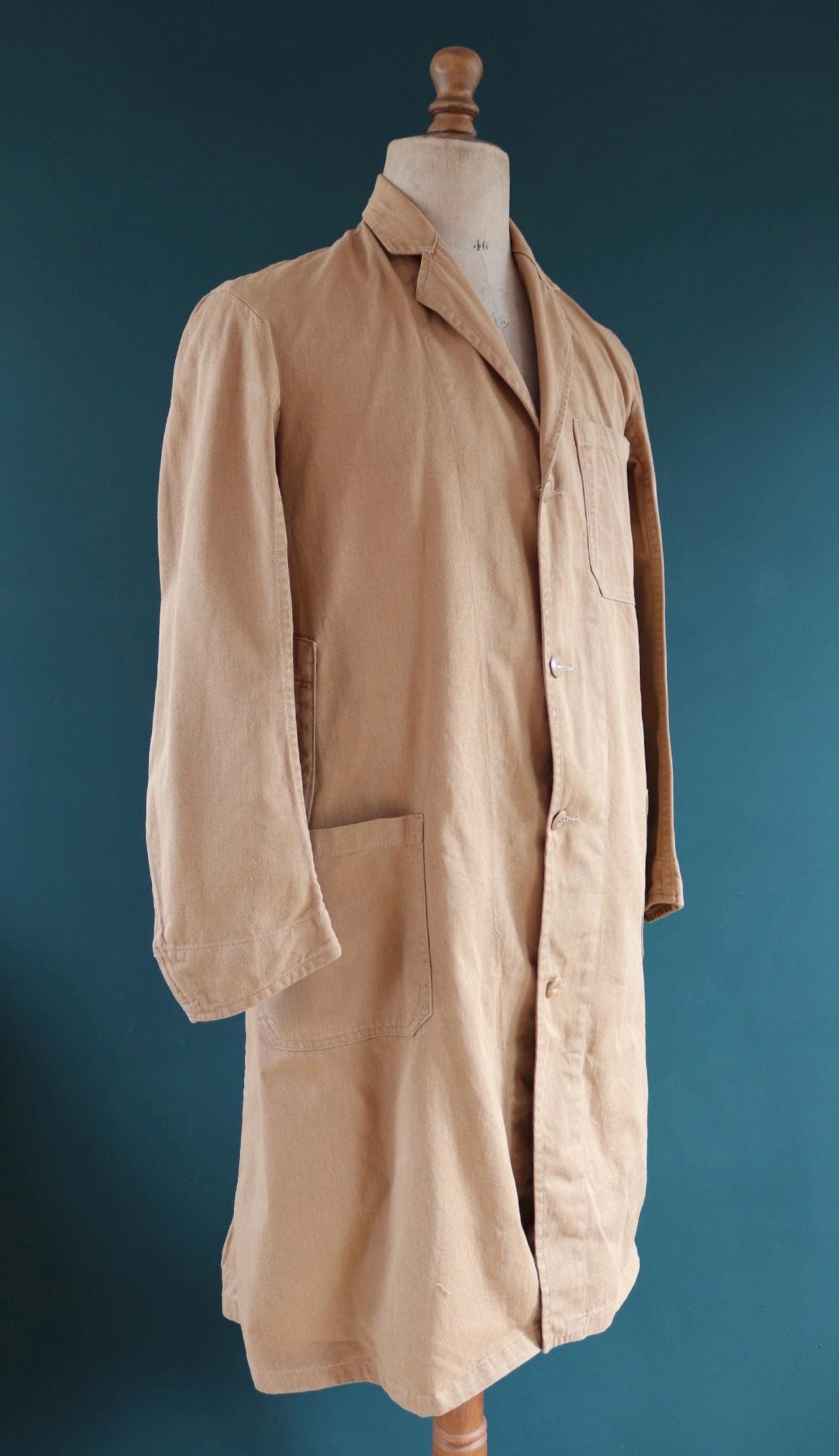 Vintage 1960s British workwear overalls - long brown cotton twill chore jacket - factory chore coat - 43” chest