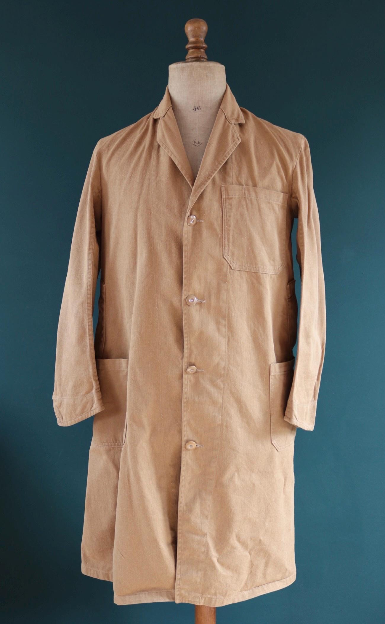 Vintage 1960s British workwear overalls - long brown cotton twill chore jacket - factory chore coat - 43” chest