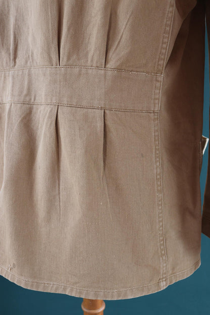 Vintage 1960s British workwear overalls - back belt - brown cotton twill chore jacket - factory chore coat - 46” chest