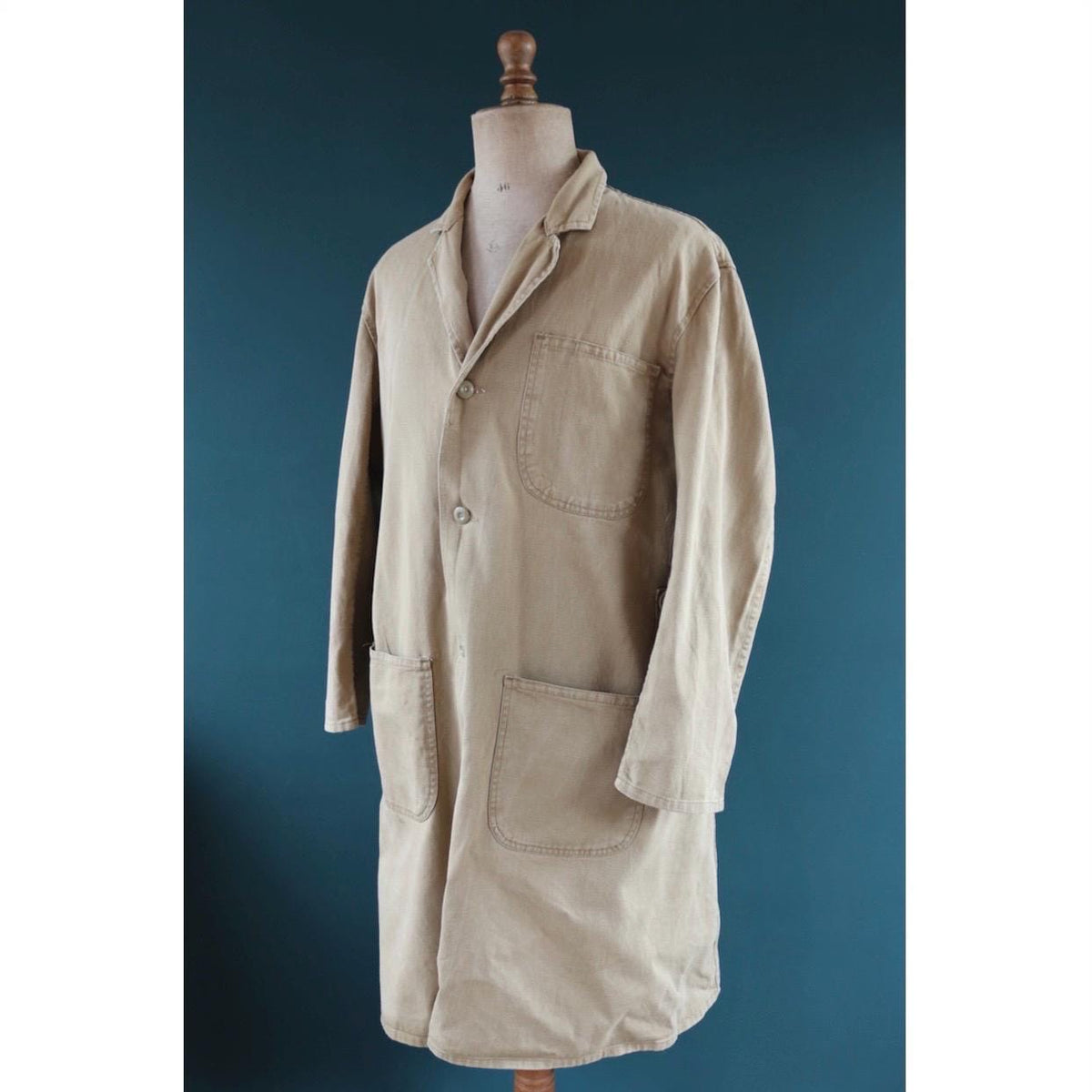 Vintage 1960s British workwear overalls - long brown cotton twill chore jacket - factory chore coat - 48” chest