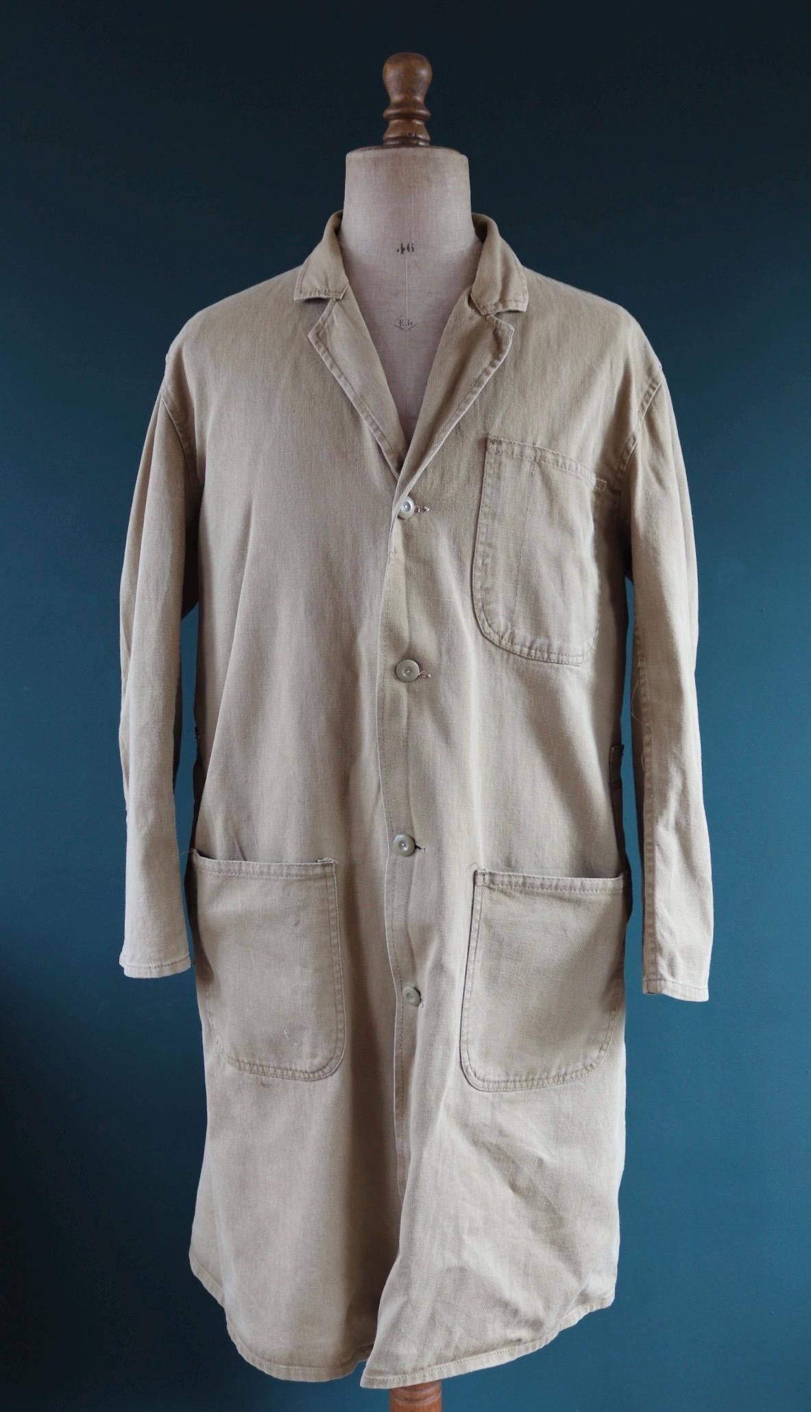 Vintage 1960s British workwear overalls - long brown cotton twill chore jacket - factory chore coat - 48” chest