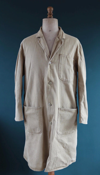 Vintage 1960s British workwear overalls - long brown cotton twill chore jacket - factory chore coat - 48” chest