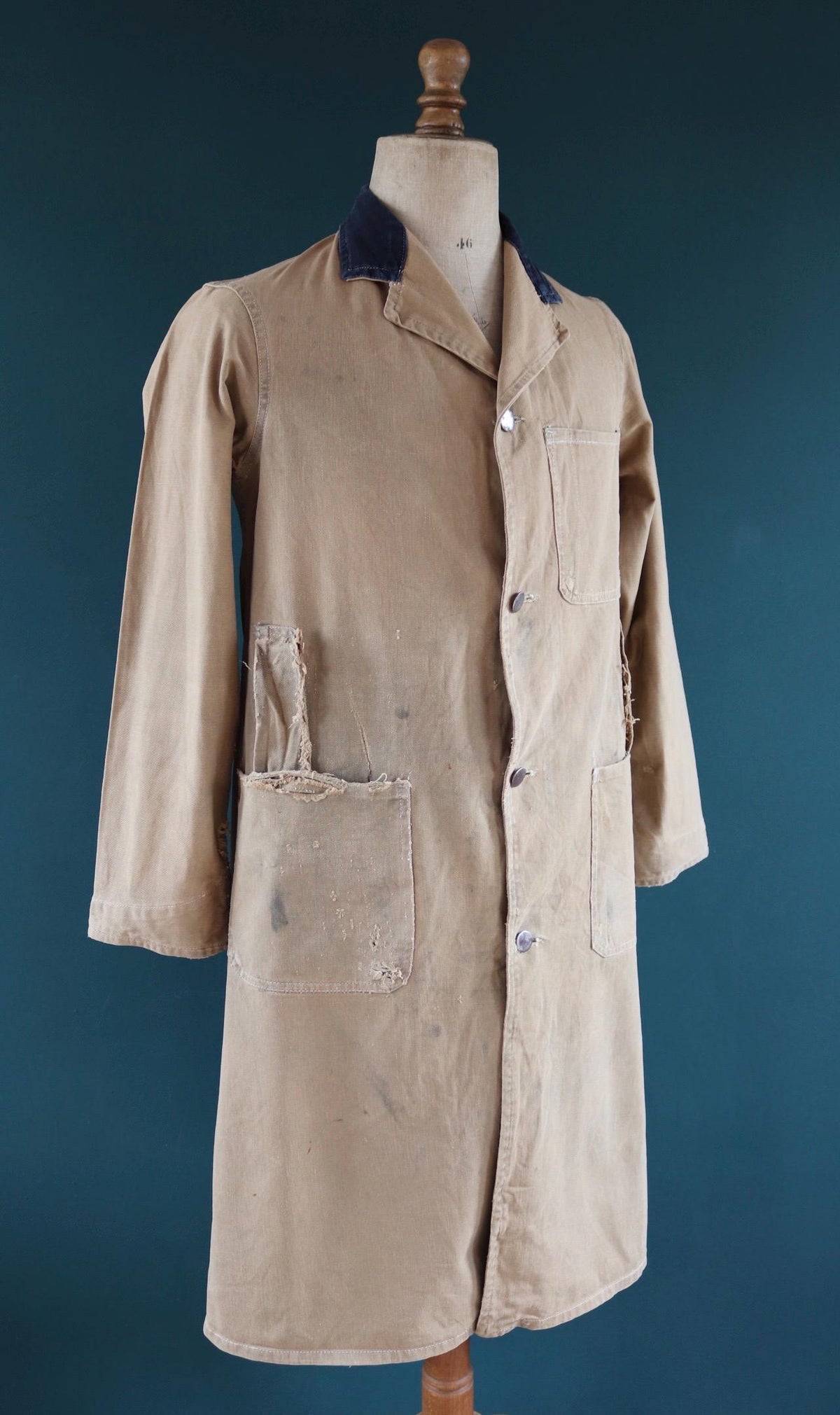 Vintage 1940s British workwear overalls - long brown cotton twill chore jacket - factory chore coat - 40” chest