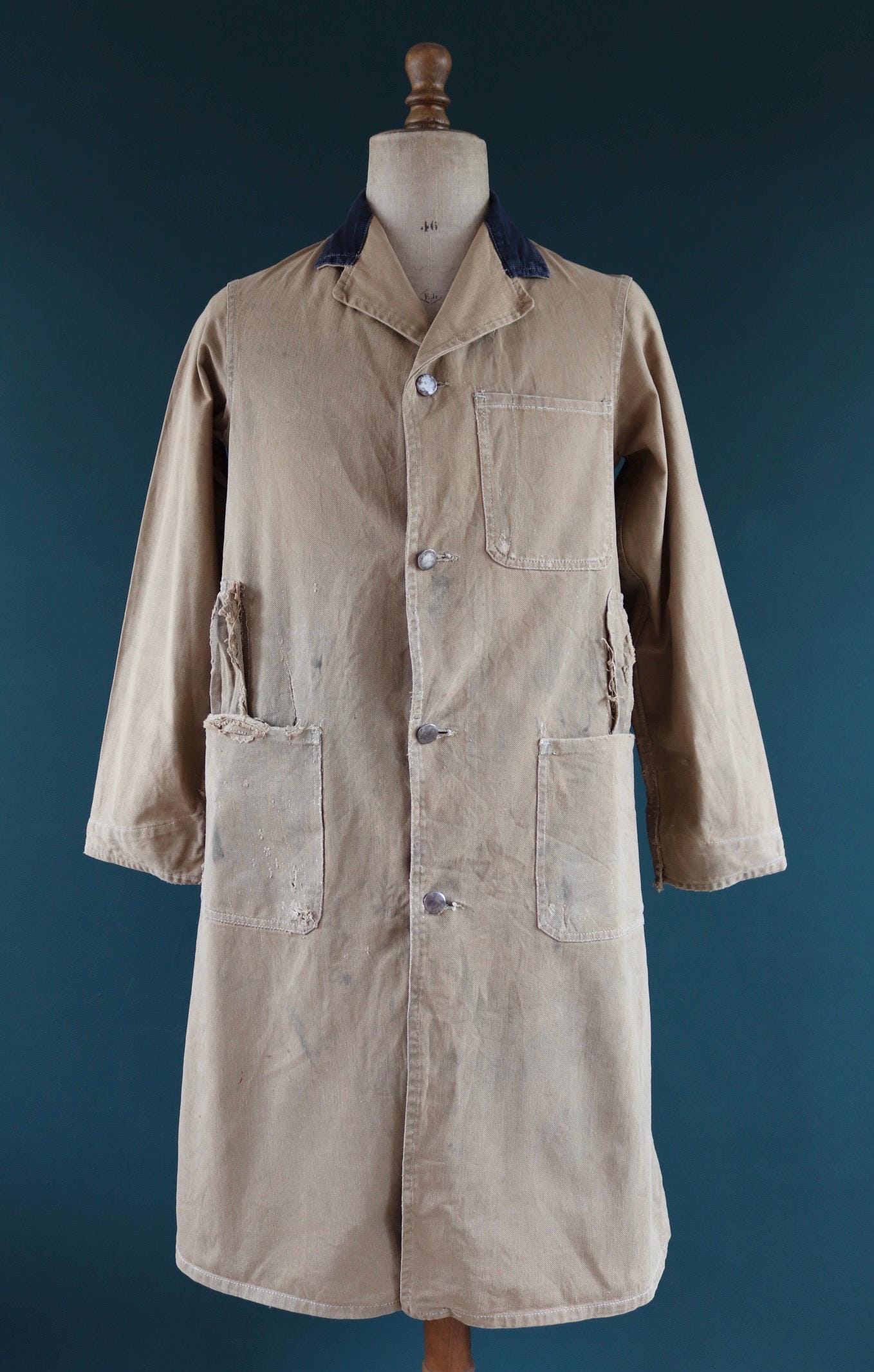Vintage 1940s British workwear overalls - long brown cotton twill chore jacket - factory chore coat - 40” chest