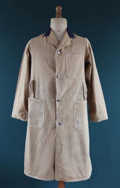 Vintage 1940s British workwear overalls - long brown cotton twill chore jacket - factory chore coat - 40” chest