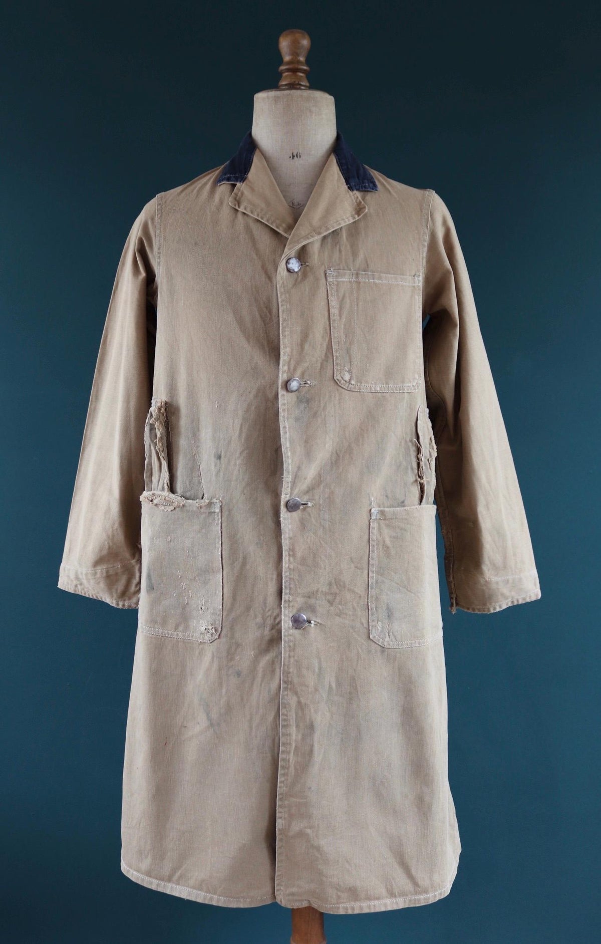 Vintage 1940s British workwear overalls - long brown cotton twill chore jacket - factory chore coat - 40” chest