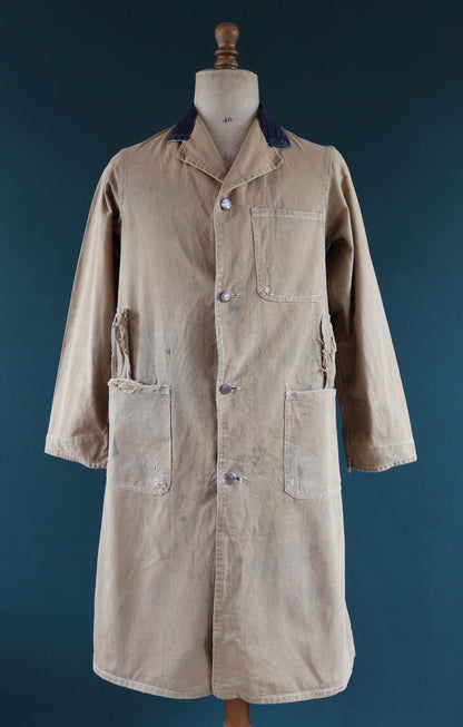 Vintage 1940s British workwear overalls - long brown cotton twill chore jacket - factory chore coat - 40” chest