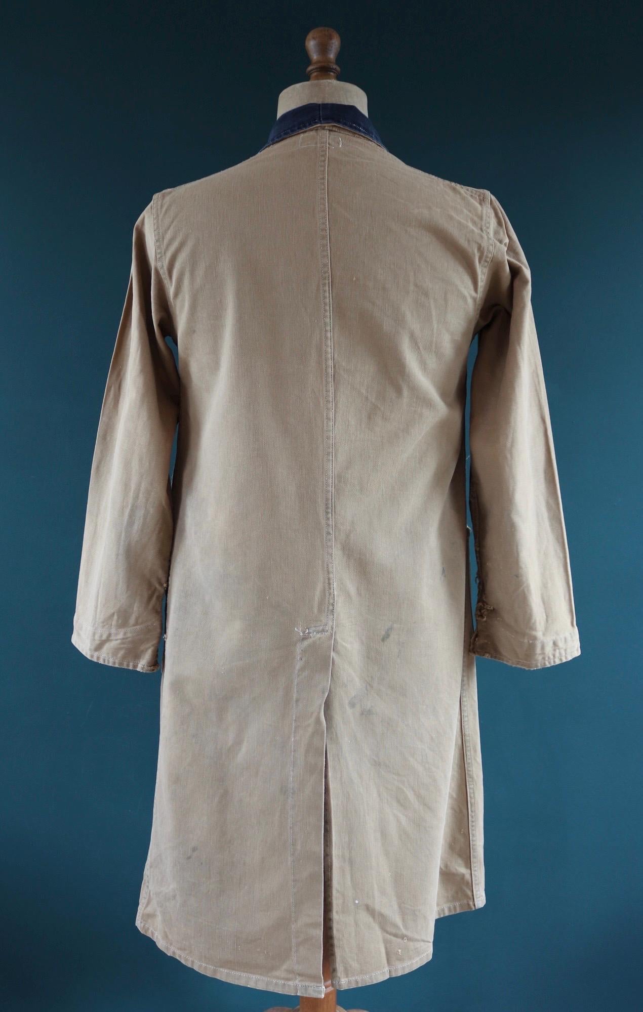 Vintage 1940s British workwear overalls - long brown cotton twill chore jacket - factory chore coat - 40” chest