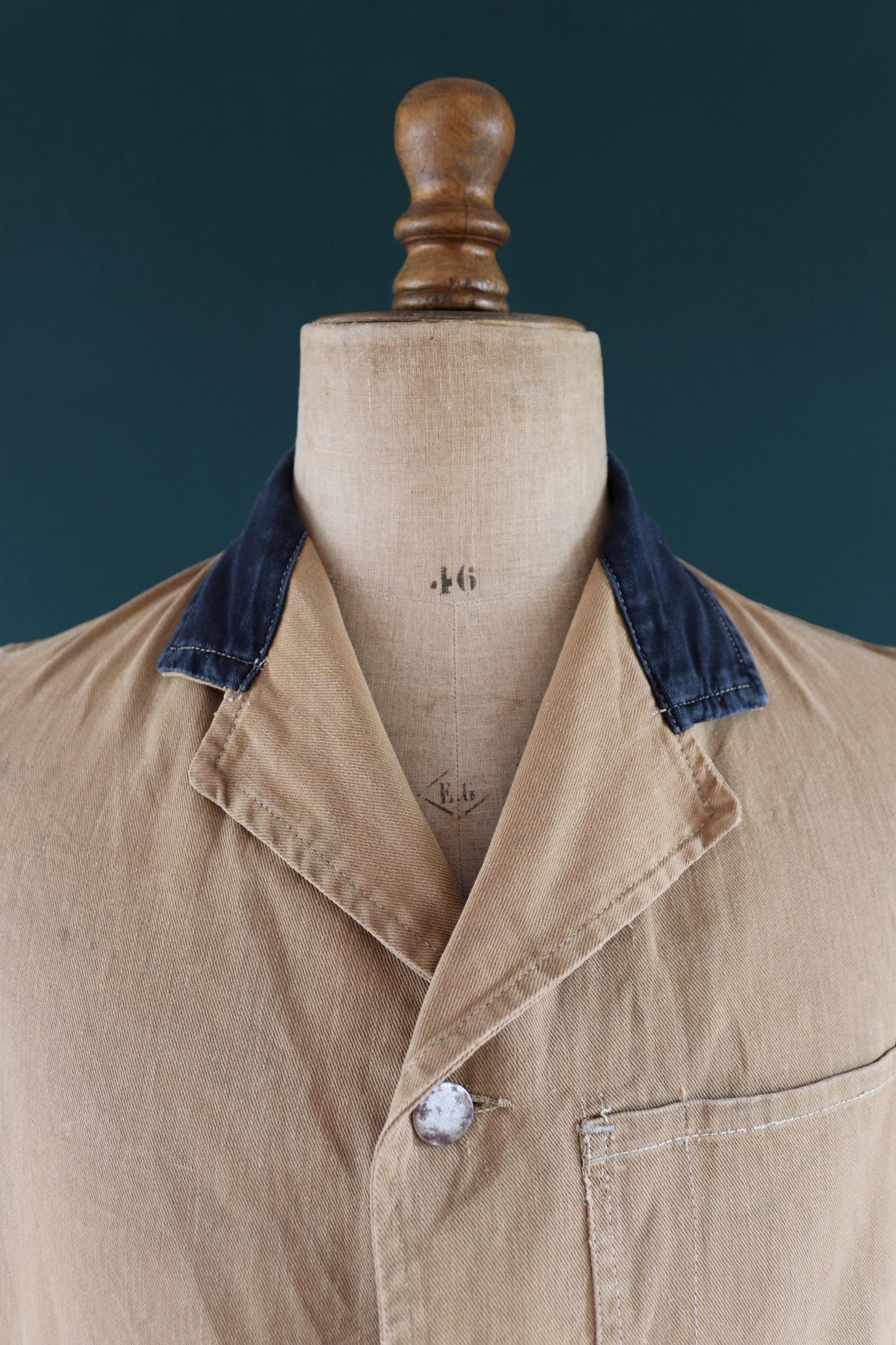 Vintage 1940s British workwear overalls - long brown cotton twill chore jacket - factory chore coat - 40” chest