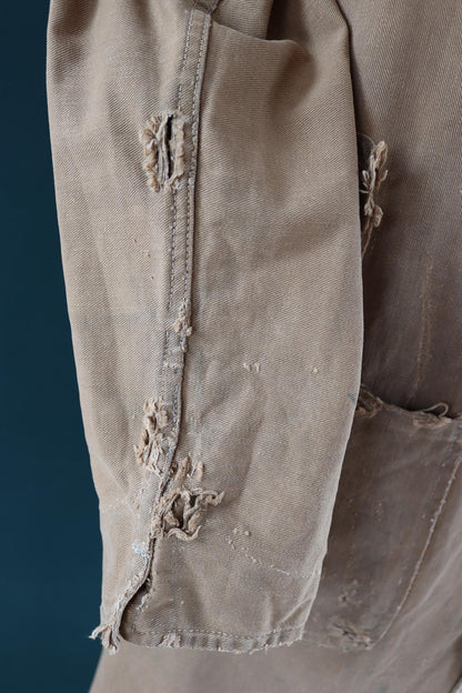 Vintage 1940s British workwear overalls - long brown cotton twill chore jacket - factory chore coat - 40” chest