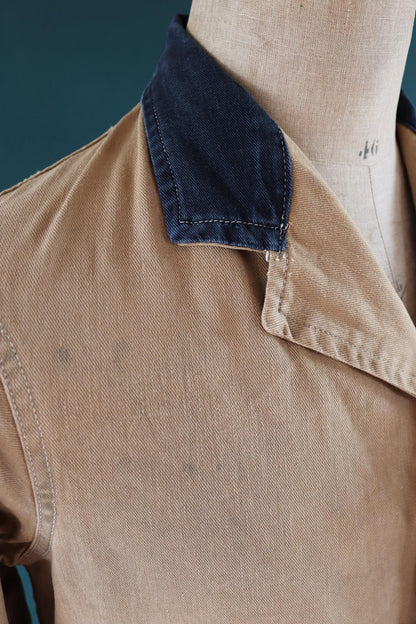 Vintage 1940s British workwear overalls - long brown cotton twill chore jacket - factory chore coat - 40” chest