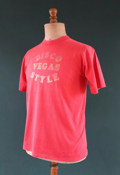 Vintage 1970s Ebony Club t shirt - Las Vegas disco club - faded red - glitter transfer - 42" chest