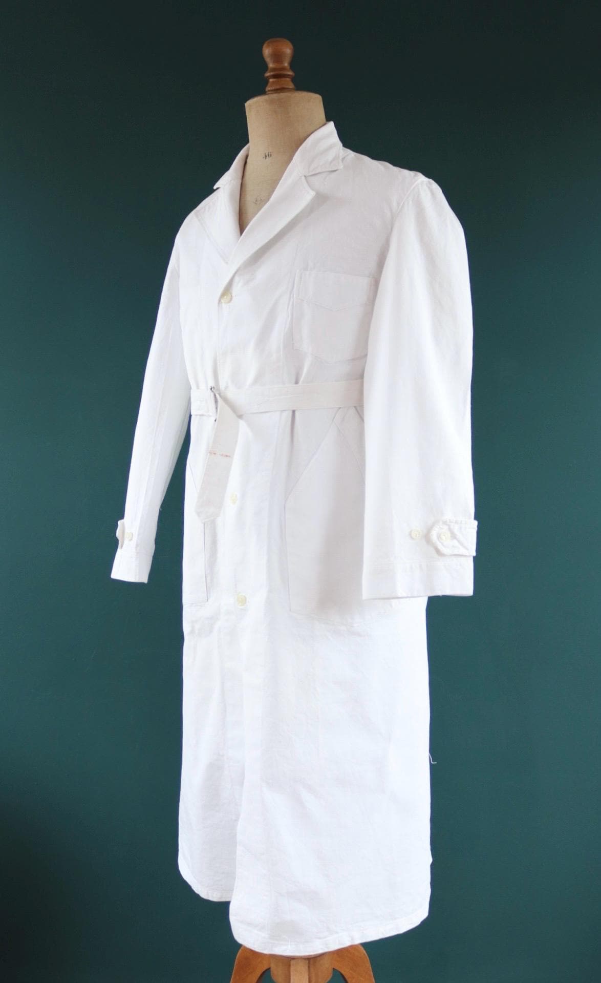Vintage 1960s French white cotton workwear jacket - belted overalls - 44” chest