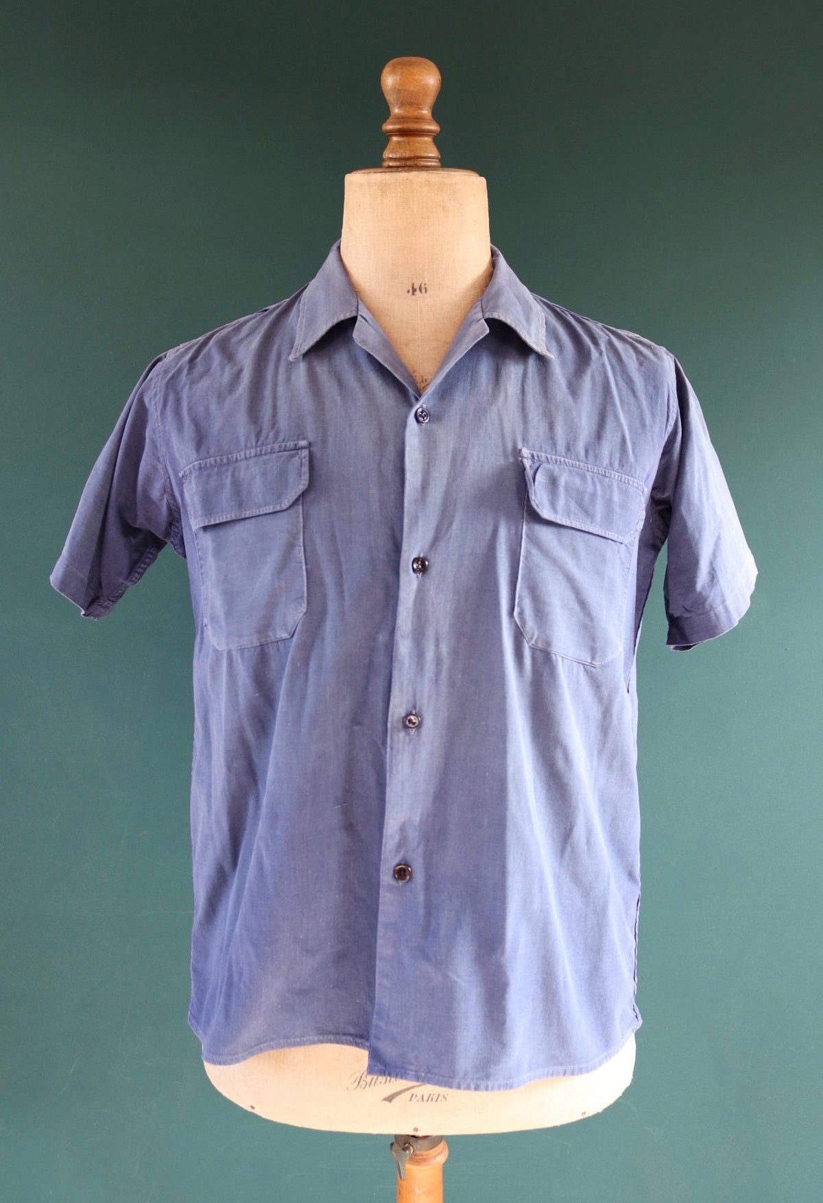 Vintage 1940s French workwear shirt - faded blue chambray cotton - darned and repaired - 42” chest