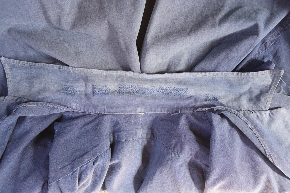 Vintage 1940s French workwear shirt - faded blue chambray cotton - darned and repaired - 42” chest