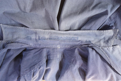 Vintage 1940s French workwear shirt - faded blue chambray cotton - darned and repaired - 42” chest