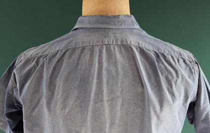 Vintage 1940s French workwear shirt - faded blue chambray cotton - darned and repaired - 42” chest