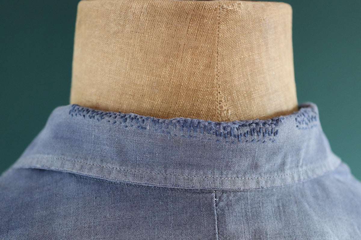 Vintage 1940s French workwear shirt - faded blue chambray cotton - darned and repaired - 42” chest