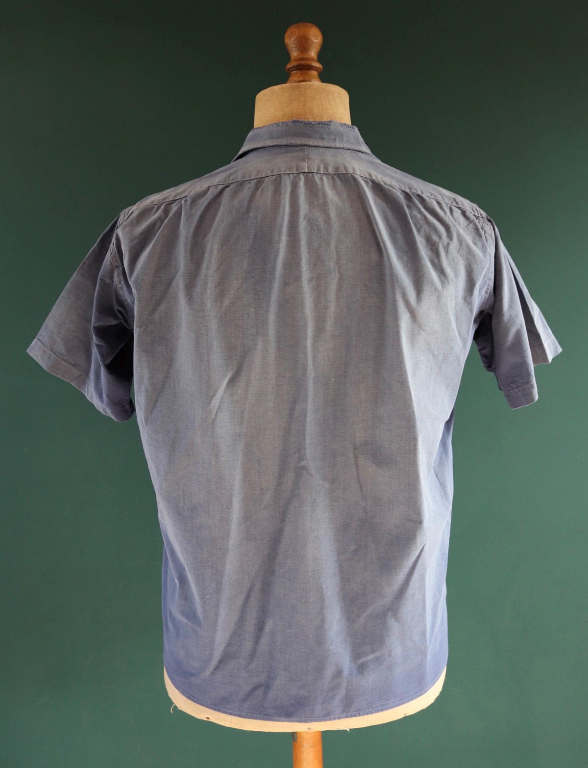 Vintage 1940s French workwear shirt - faded blue chambray cotton - darned and repaired - 42” chest
